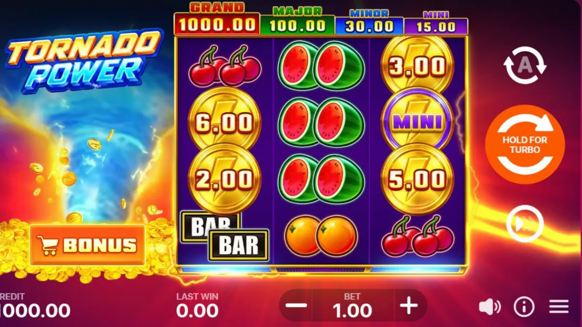 Tampilan visual slot Tornado Power: Hold and Win dengan tema badai dan buah klasik