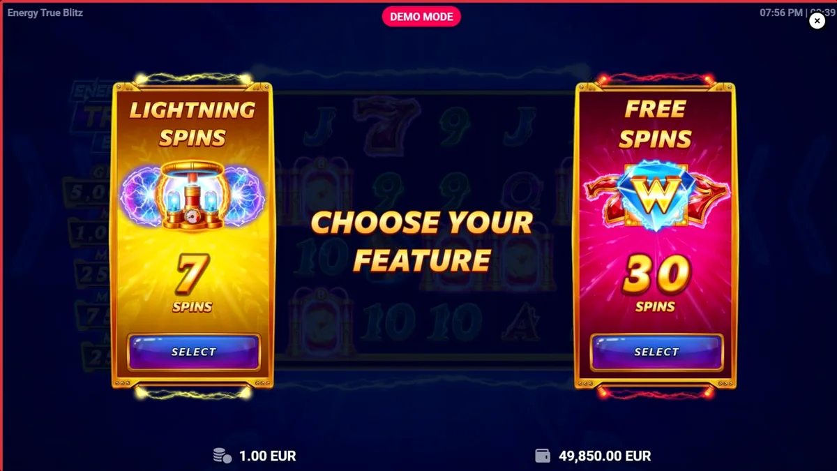 Tampilan antarmuka seluler slot Energy True Blitz dengan grafis neon yang cerah