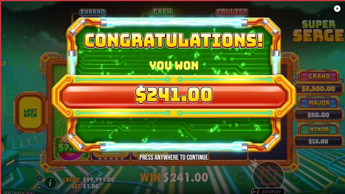 Tampilan antarmuka permainan slot Super Serge dengan tema mekanik neon