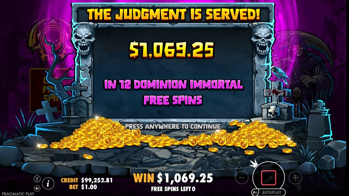 Tampilan antarmuka seluler slot Death Dominion dengan tema gothic